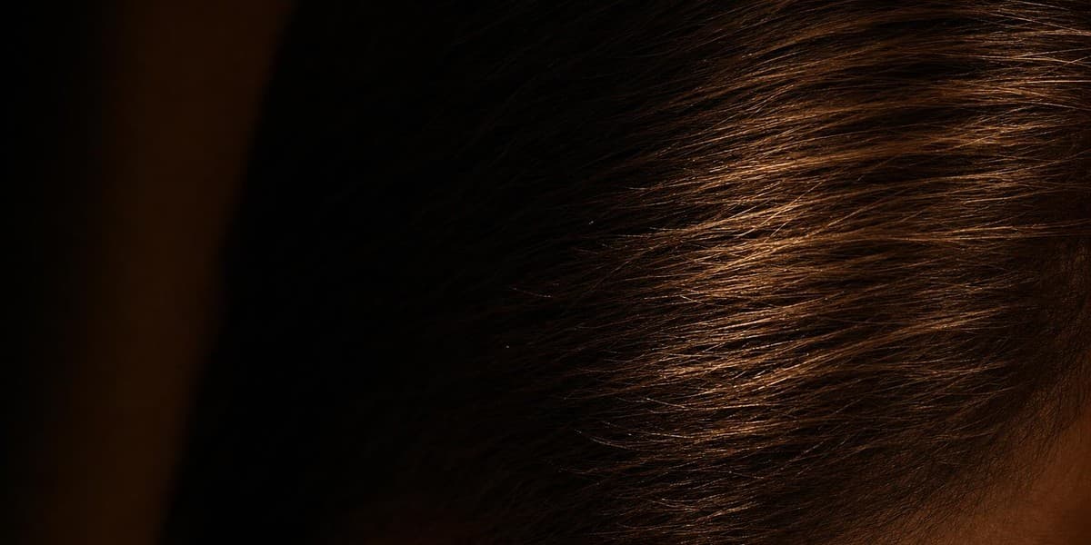 Warm chiaroscuro light catching healthy, full hair.
