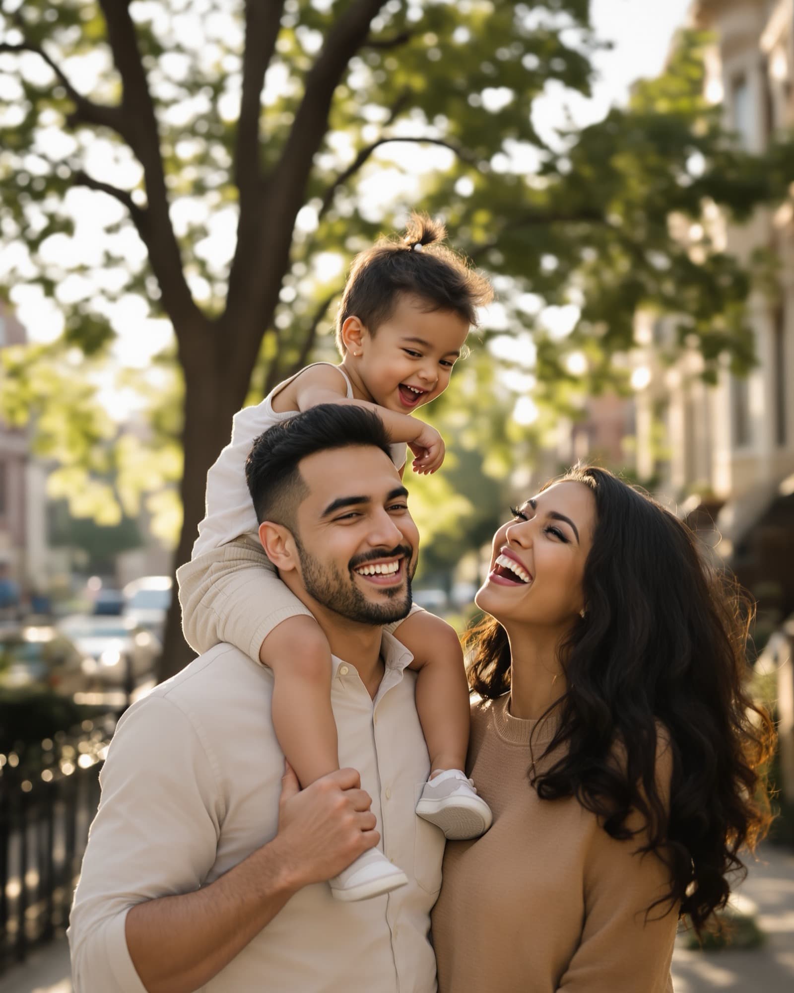 A young family laughing together on a tree-lined Bay Ridge street in golden afternoon light.