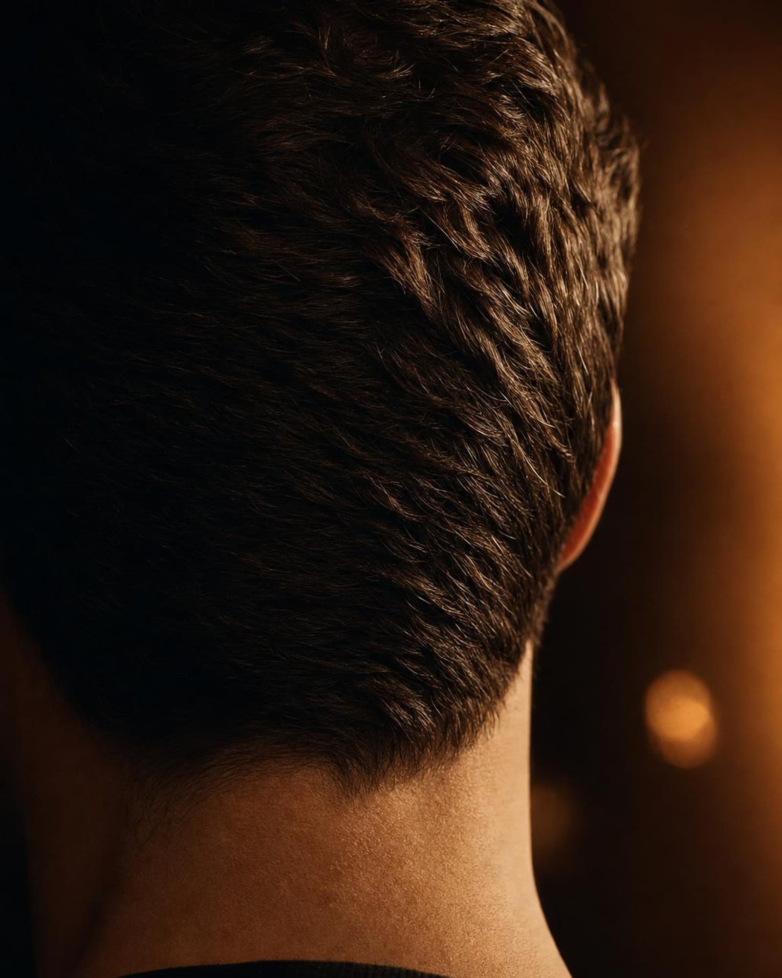 Warm chiaroscuro light catching healthy, full hair — the result of ARTAS restoration.