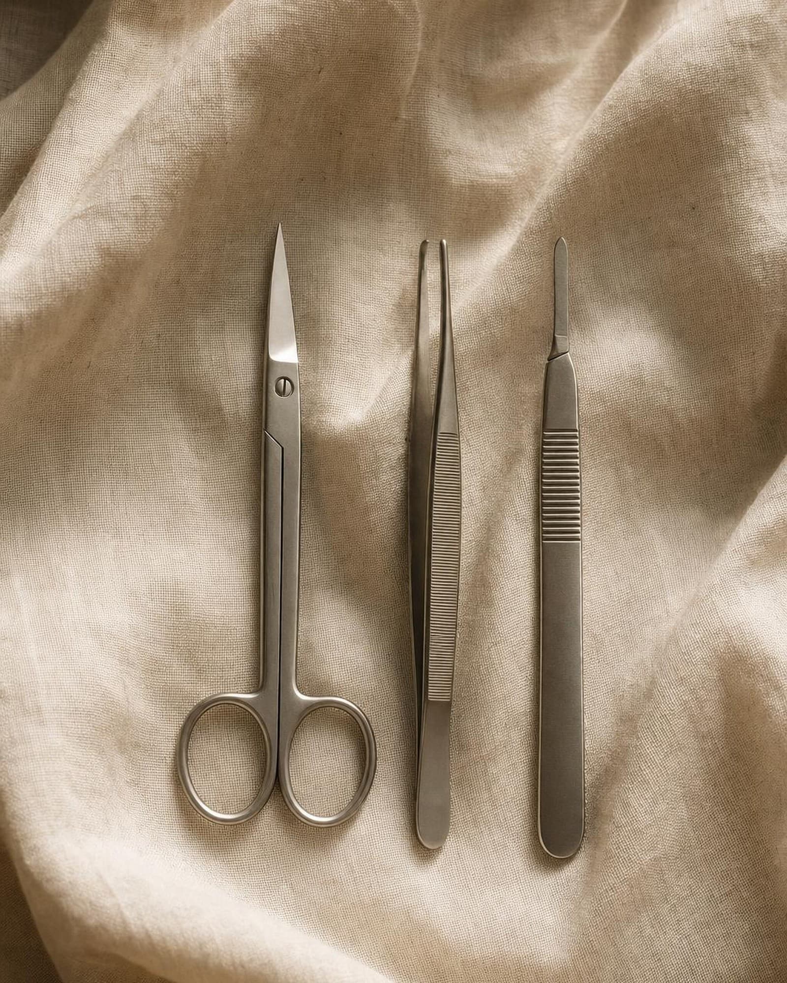 A still life of precision instruments on warm linen — careful, expert preparation.